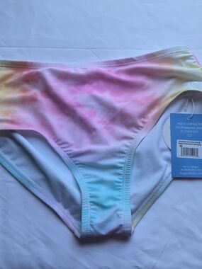 RuffleButts Pastel Tie-Dye Bikini Bottoms - Pink, Blue, Yellow. Womens XS